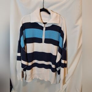 Aerie Women's Oversized Striped Quarter Zip Sweater in Navy, White, and Blue